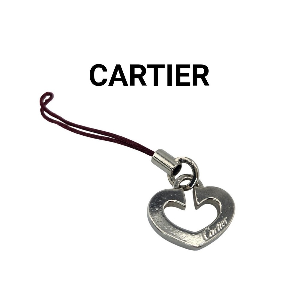 Cartier C Heart Phone Charm Silver Tone Metal Burgundy Red String Strap